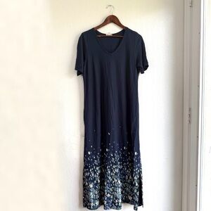 J Jill Womens Dresss Maxi Blue Floral Knit Pockets Shirt Sleeve Size Medium